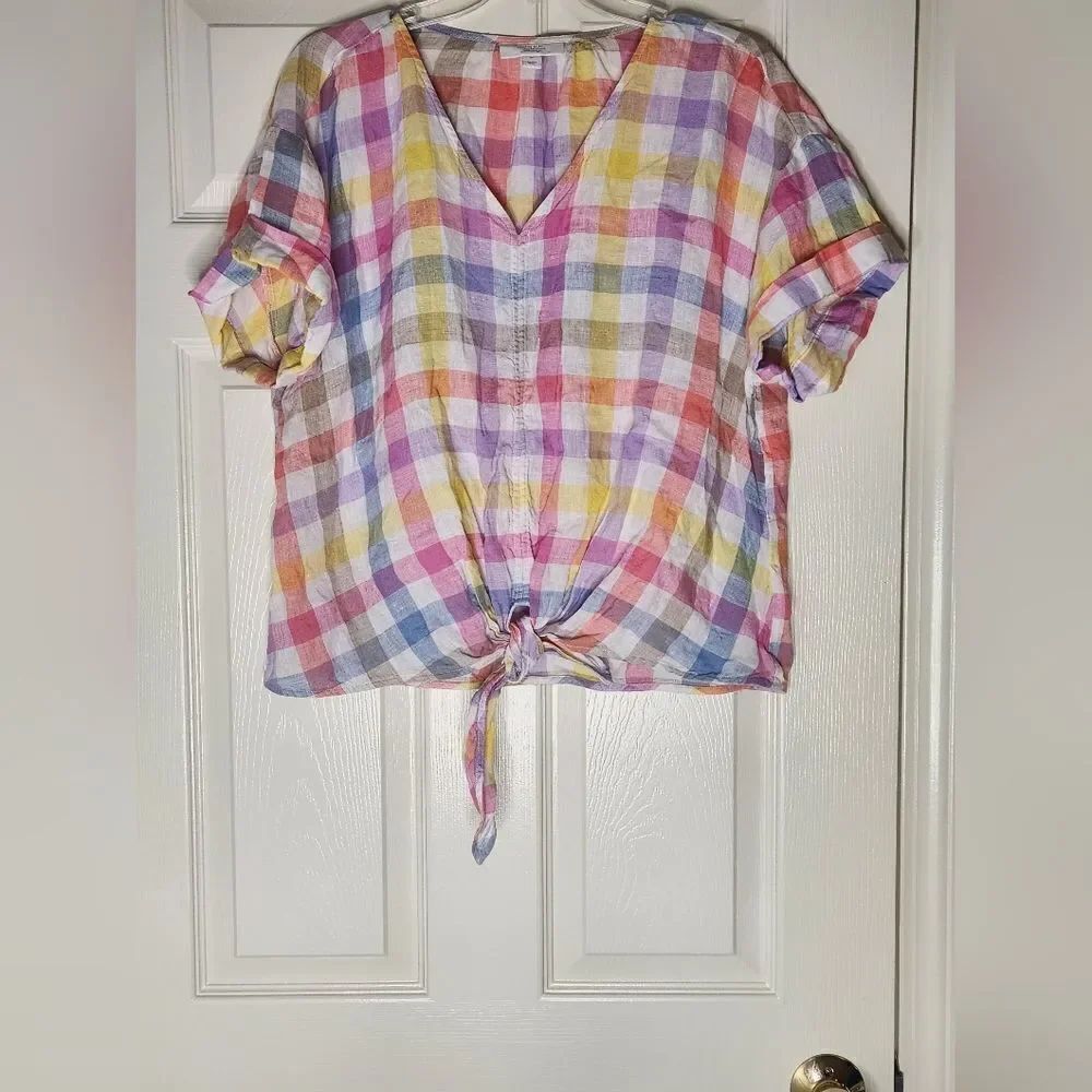 Charter Club Luxury XL Mlticlr   100% LINEN  Plaid Shrtslvs Women’s Top Blouse